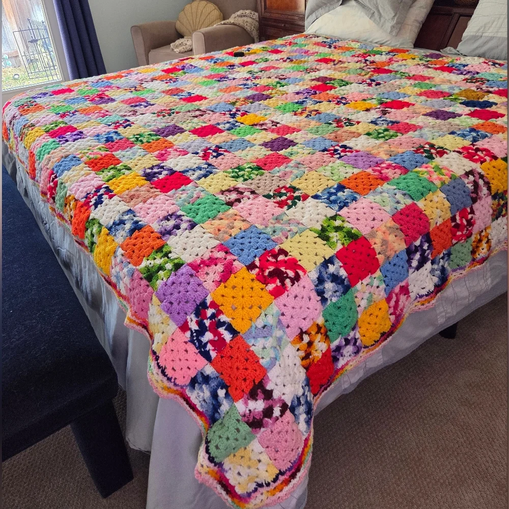 Vintage Granny Multicolor Square Crochet Throw Blanket or Afghan Extra Large